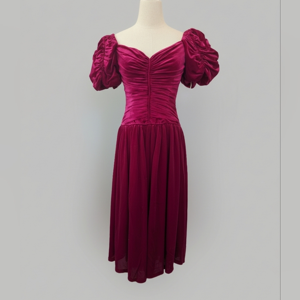Vintage Velvet Draped Puff Sleeve Dress Party Holiday 80s